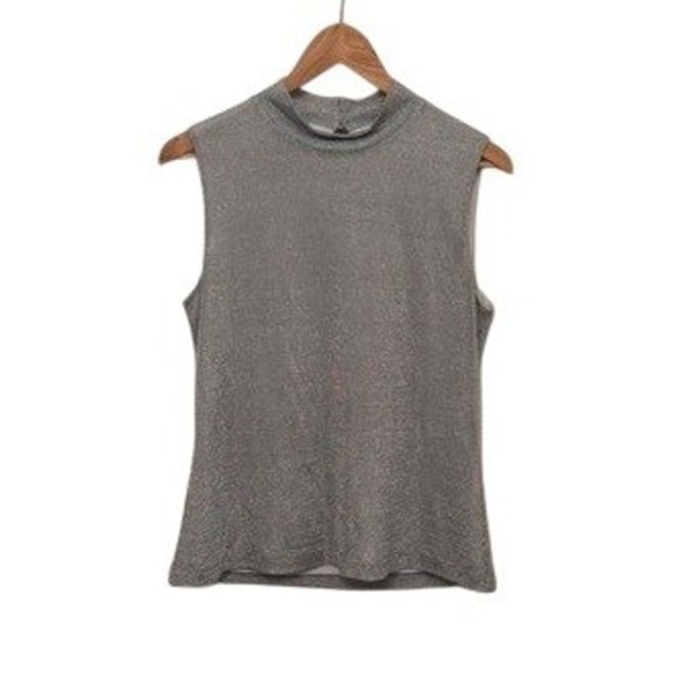 Luis Civit Mock Neck Sleeveless Top Womens 14 Silver Excellent Metallic Sparkle
